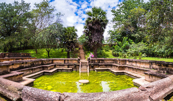 Ancient City of Polonnaruwa, panoramic photo of the Bathing Pool (Kumara Pokuna) of Parakramabahu's Royal Palace, UNESCO World Heritage Site, Sri Lanka, Asia. This is a panoramic photo of the Bathing Pool (Kumara Pokuna) of Parakramabahu's Royal Palace at the Ancient City of Polonnaruwa, a UNESCO World Heritage Site in the Cultural Triangle area of Sri Lanka, Asia.
